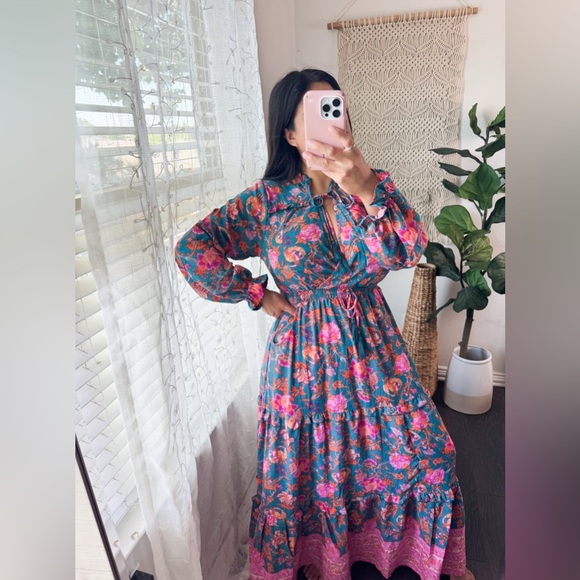 Anthropologie Dresses & Skirts - Anthropologie Teal Maxi Dress with Pink and Orange Floral Print